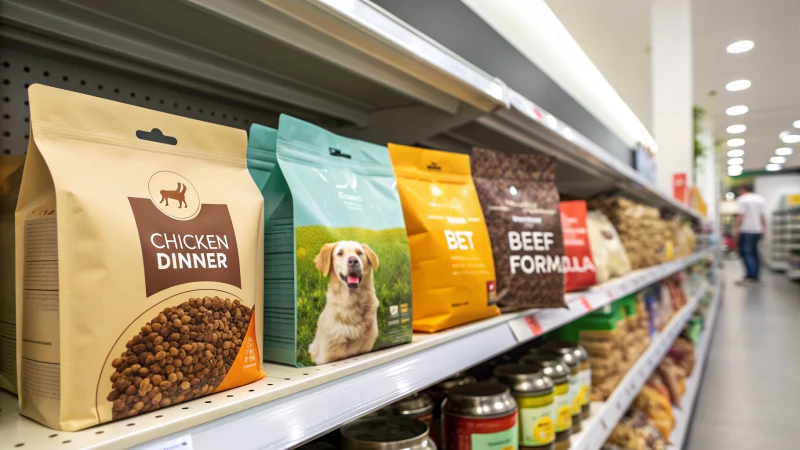 Various pet food bags on a supermarket shelf