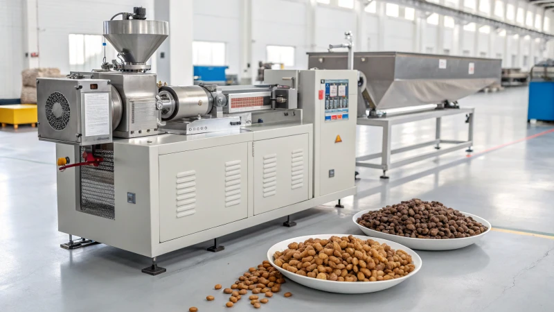 A detailed view of a pet food extruder machine in a factory