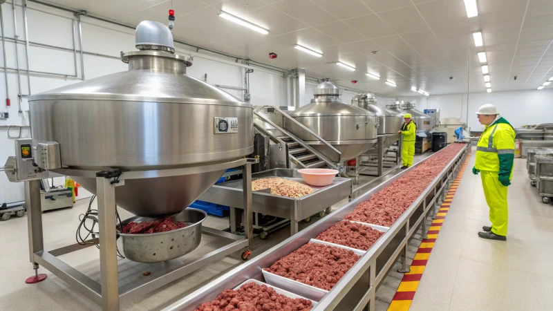 Interior of a pet food manufacturing facility with mixers and conveyor belts