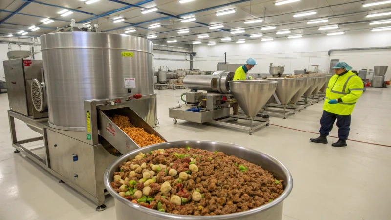 Interior of a pet food manufacturing facility with workers and machinery.