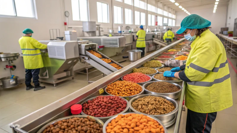 A busy pet food manufacturing facility with workers and machinery.