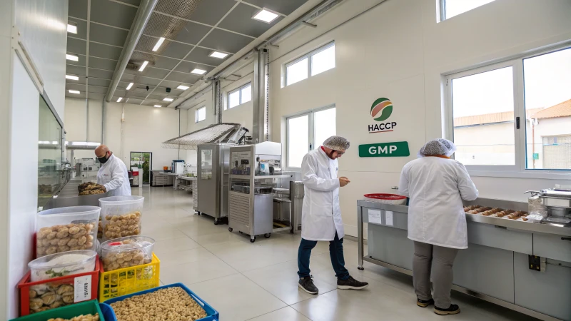 Interior of a modern pet food manufacturing facility with workers in lab coats