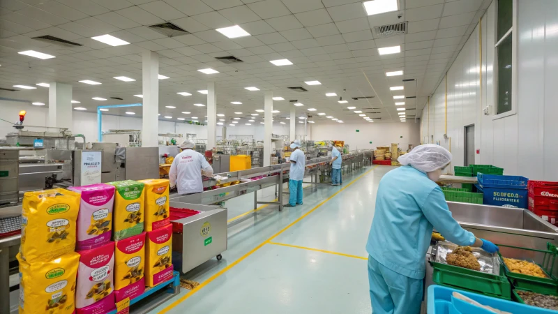 Workers in a modern wet pet food production facility