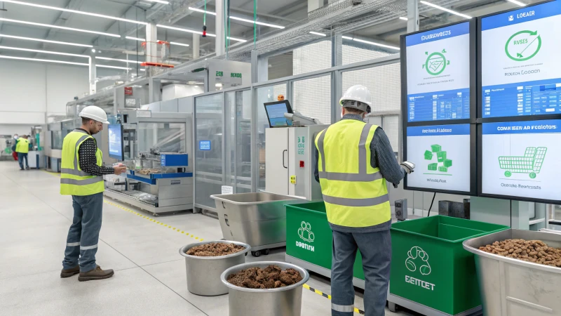 A modern pet food production facility with automated machinery and workers in safety gear