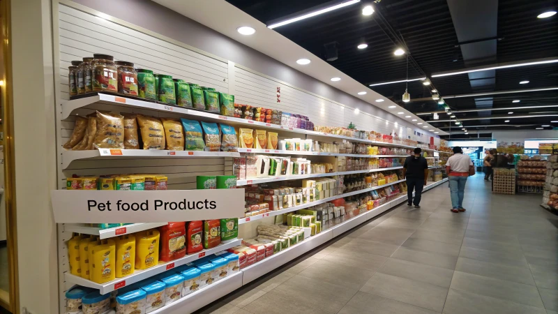 Retail display of various pet food products on shelves