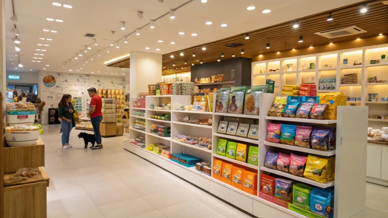 Interior of a vibrant pet store with colorful product displays and customers browsing