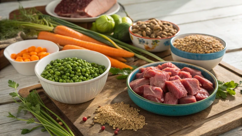 A wooden table with fresh pet food ingredients including meat, vegetables, and grains.