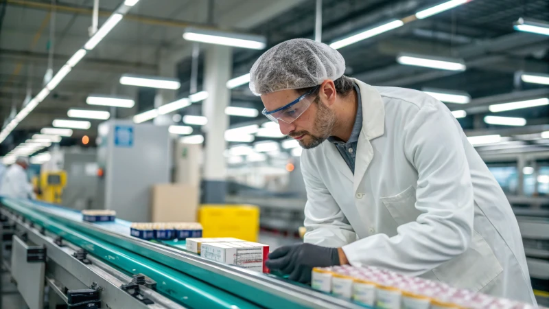 Quality control inspector examining products on a conveyor belt