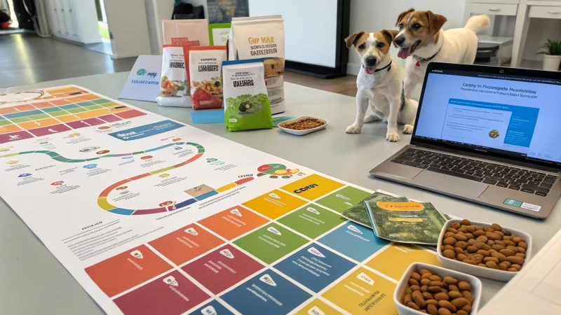 Une feuille de route décrivant les étapes du lancement d'une entreprise d'aliments pour chiens avec des chiens heureux et des emballages d'aliments pour chiens.