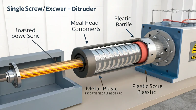 Technical illustration of a single-screw extruder showing internal components