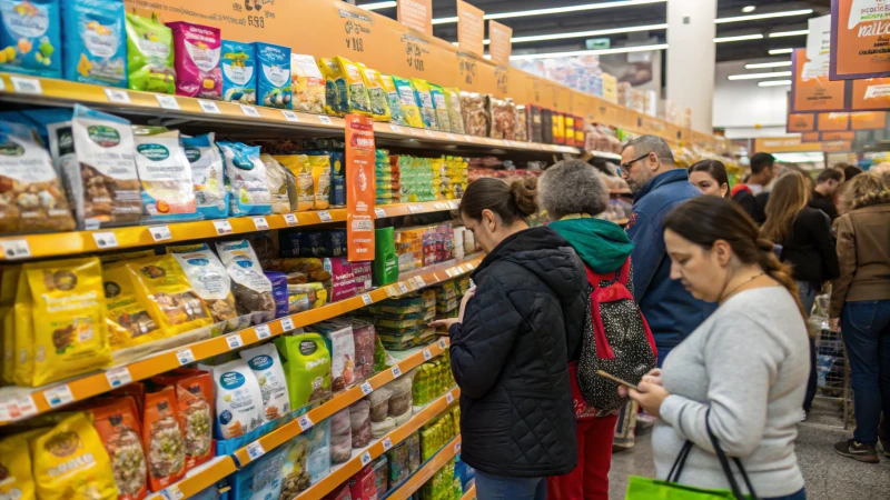 A busy pet food market with colorful shelves and shoppers.