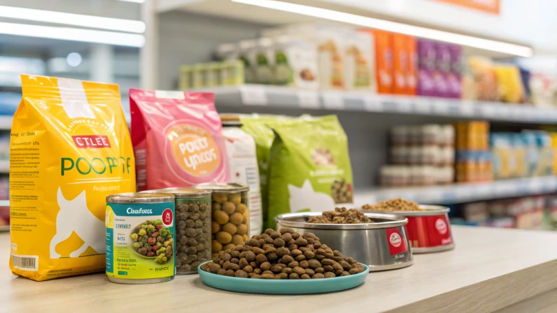 A vibrant display of pet food products including dry kibble, wet food cans, and colorful treats.