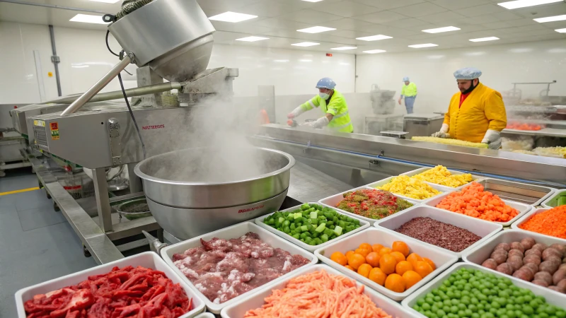 Production line of wet pet food with fresh ingredients and workers