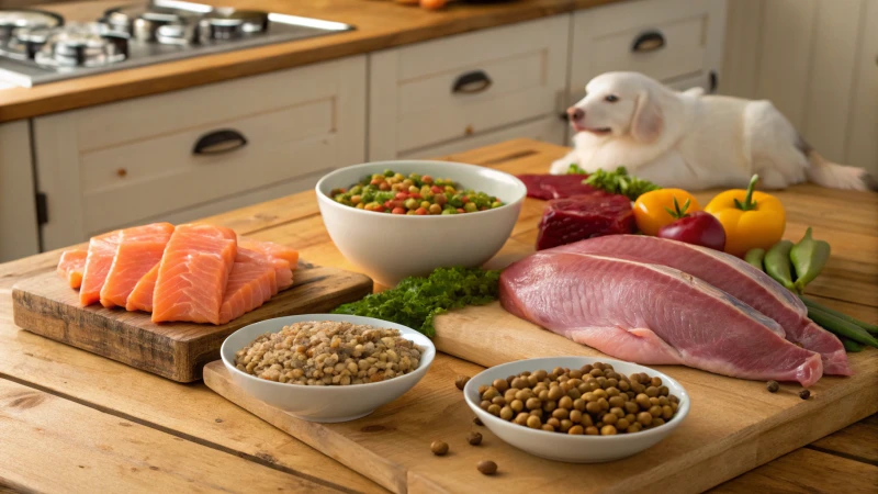 A wooden kitchen table with various raw protein sources for dogs