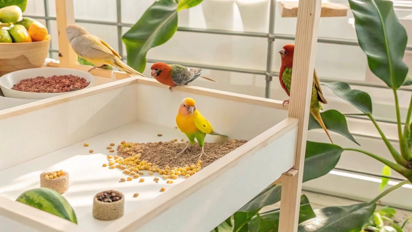 a variety of colorful birds eating seeds fruits 