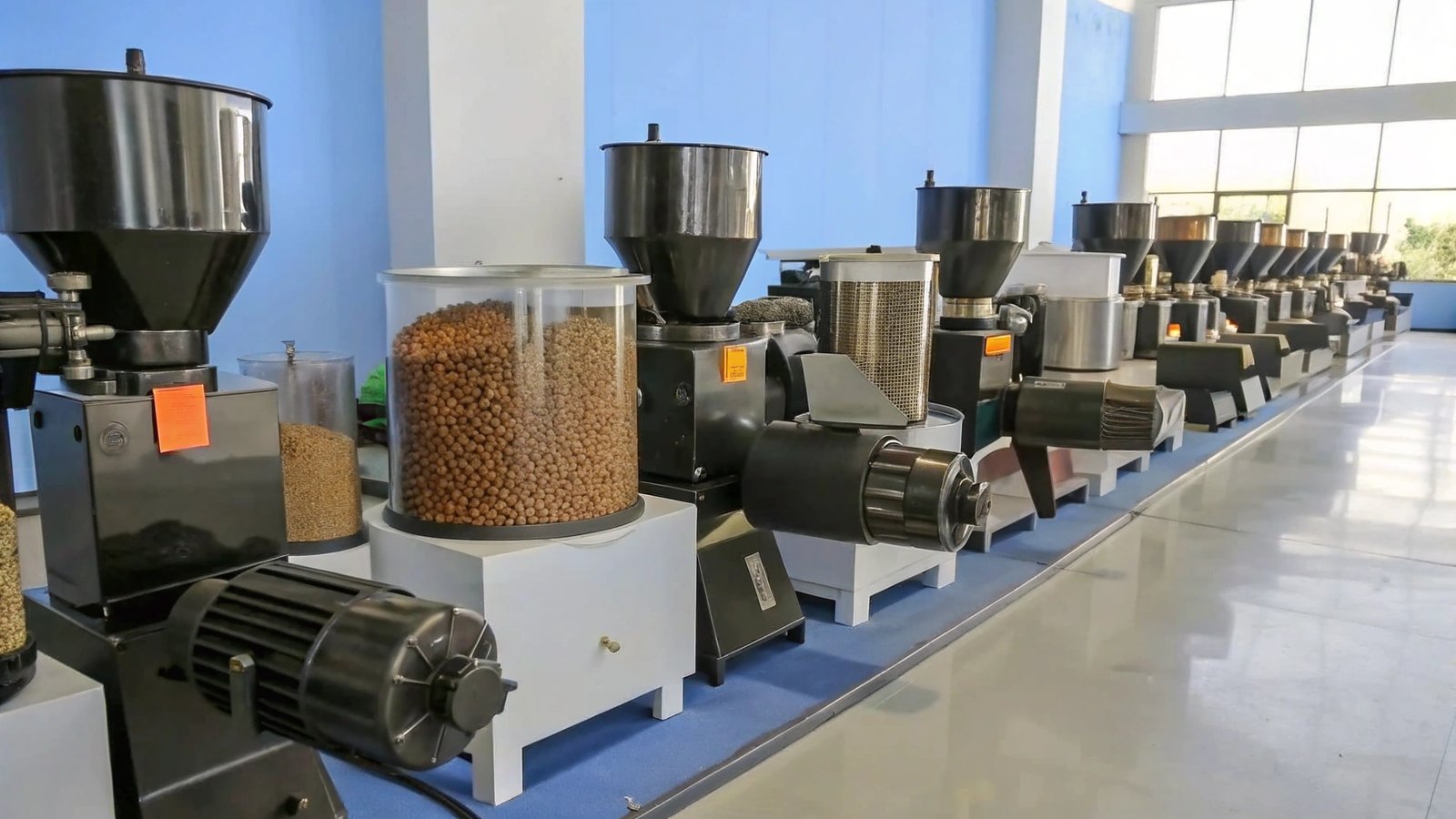 a variety of fish feed machines of different sizes