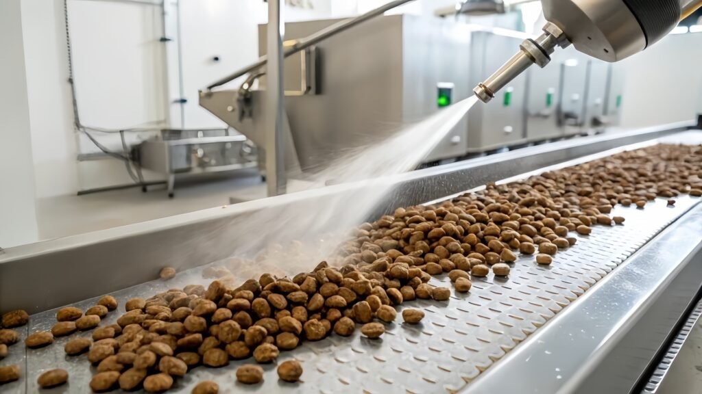 Primer plano de la cinta transportadora de croquetas para perros