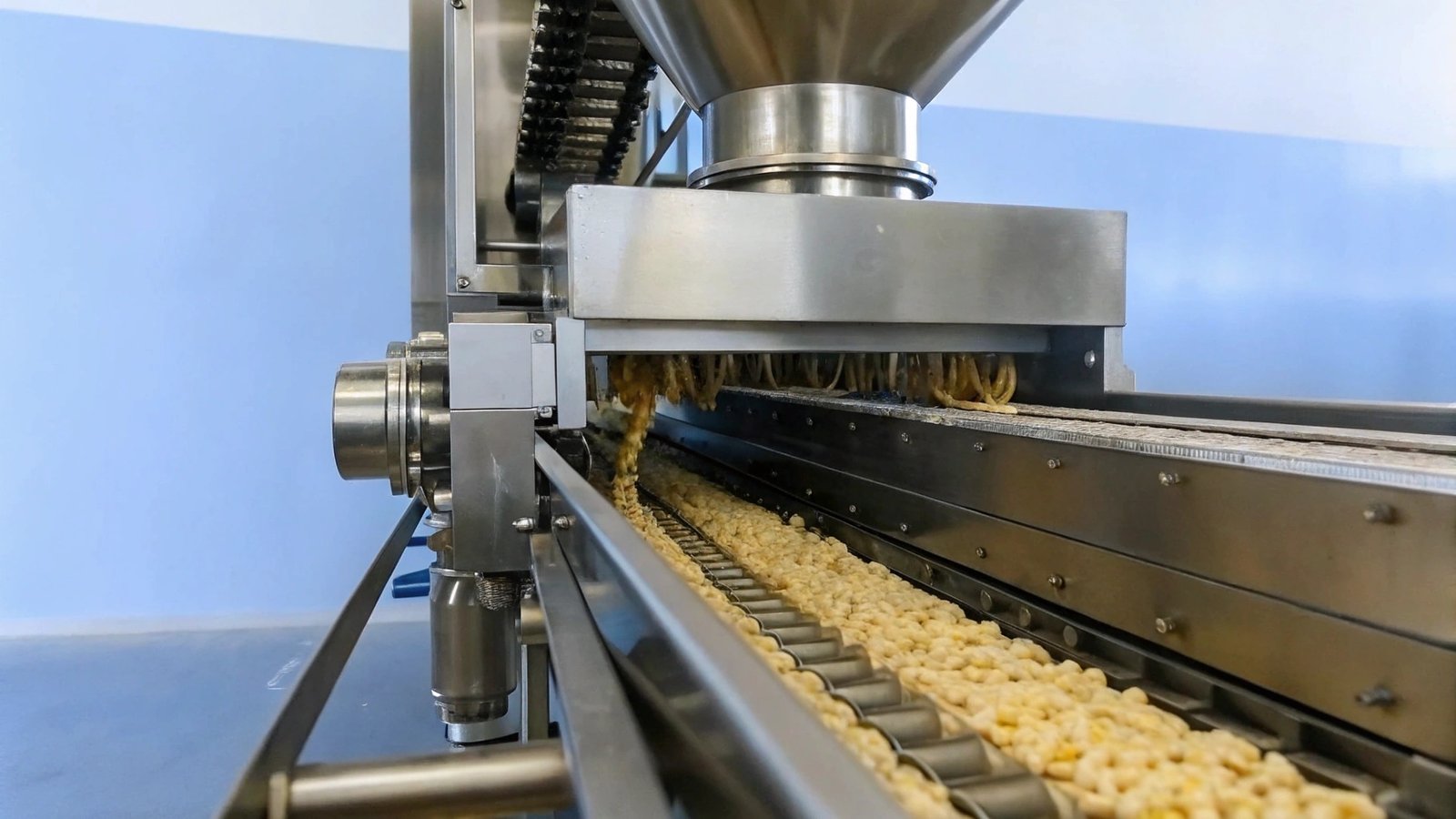 food extruder in action producing pasta or snack 