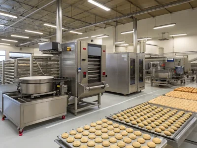 High-tech dog biscuit production facility with stainless steel machinery