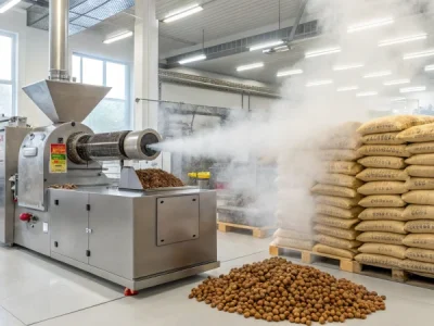 High-tech extruder machine in a pet food production facility