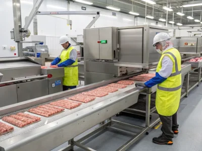 High-tech pet meat strip production line with workers in safety gear