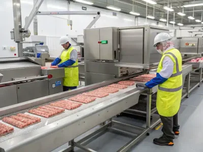 Высокотехнологичная линия по производству мясных полос для домашних животных с рабочими в защитной экипировке