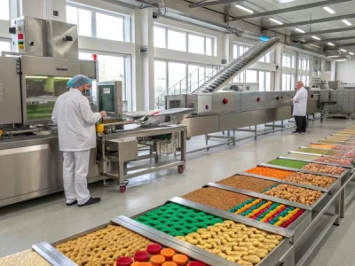 A modern pet biscuit manufacturing facility with stainless steel machinery and vibrant ingredients.