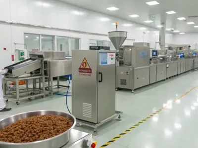 Современная линия по производству кормов для домашних животных на заводе
