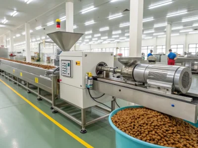 Twin screw extruder machine in a pet food production facility